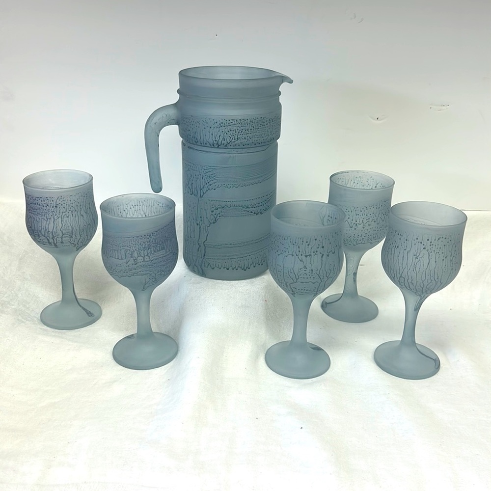 Vintage handmade satin glass pitcher and set of 5 stemmed wine glasses